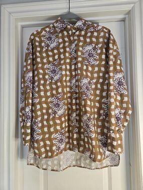 Rebecca Taylor Checkered Floral Cotton Oversized Button-Down Shirt, Size XS